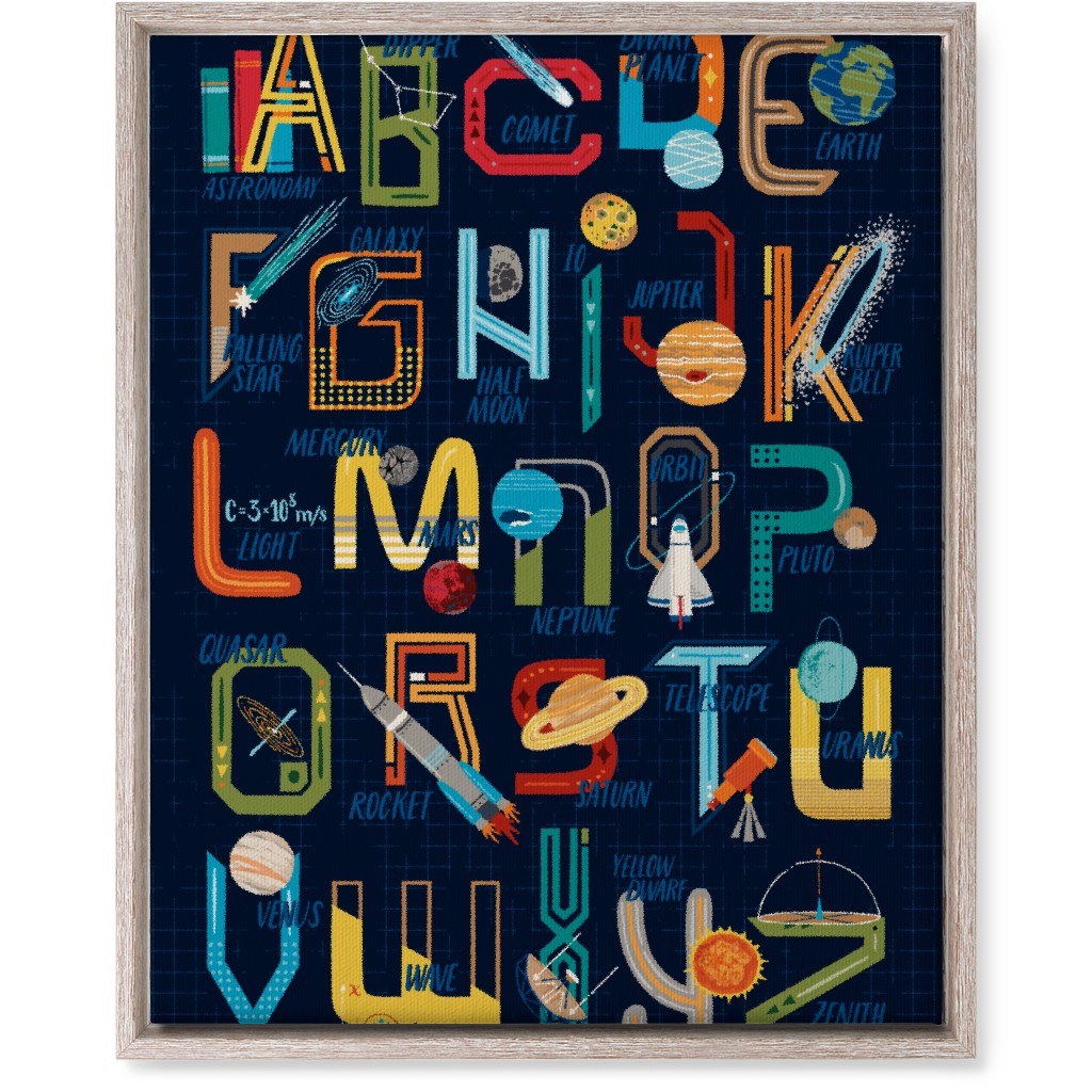 Outer Space Alphabet - Rocket, Planets, Science, Astronomy & Stem Wall Art, Rustic, Single piece, Canvas, 16x20, Multicolor