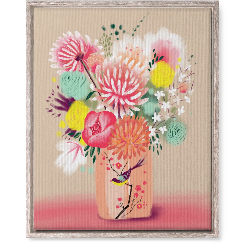Bouquet in a Bird Vase Wall Art, Rustic, Single piece, Canvas, 16x20, Pink, Bright Pink