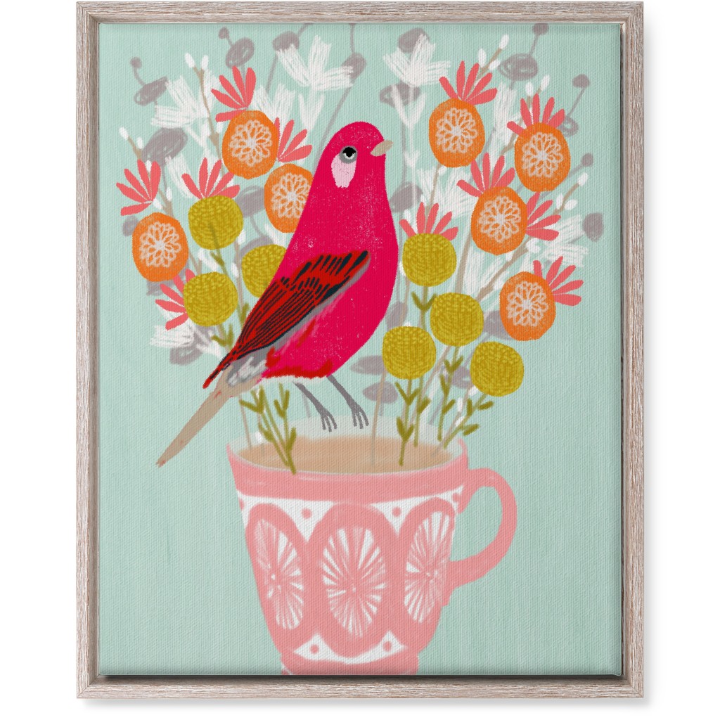 Red Bird on Teacup Bouquet Wall Art, Rustic, Single piece, Canvas, 16x20, Multicolor