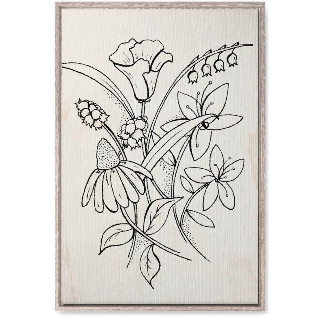 Vintage Wildflower Sketch - Beige and Black Wall Art, Rustic, Single piece, Canvas, 20x30, Beige, Pearl