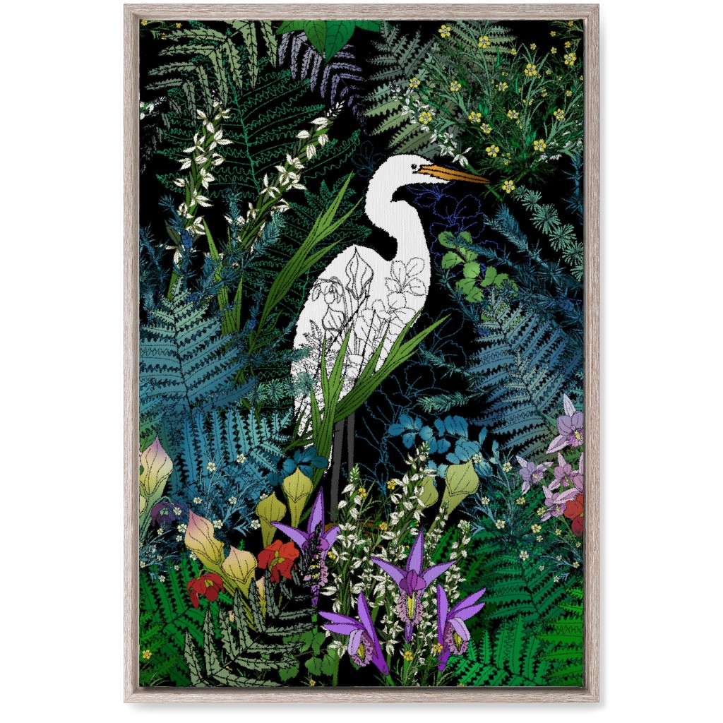 Egret in an Evening Water Garden - Multi Wall Art, Rustic, Single piece, Canvas, 20x30, Multicolor