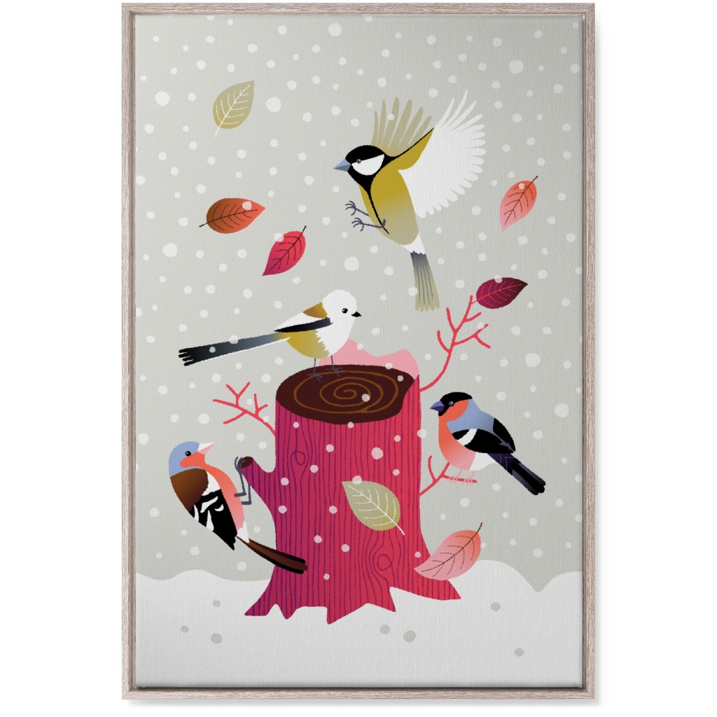 Winter Birds on Tree Stump - Red & Gray Wall Art, Rustic, Single piece, Canvas, 24x36, Multicolor