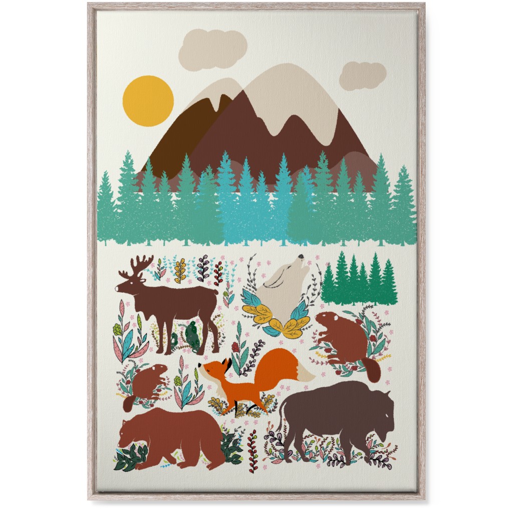 Wildlife Mountain Illustration Wall Art, Rustic, Single piece, Canvas, 24x36, Multicolor