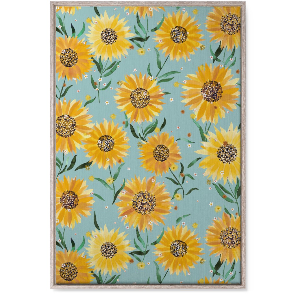 Happy Sunflowers - Yellow on Green Wall Art, Rustic, Single piece, Canvas, 24x36, Yellow