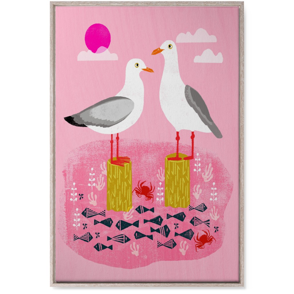 Perched Seagulls - Pink Wall Art, Rustic, Single piece, Canvas, 24x36, Pink