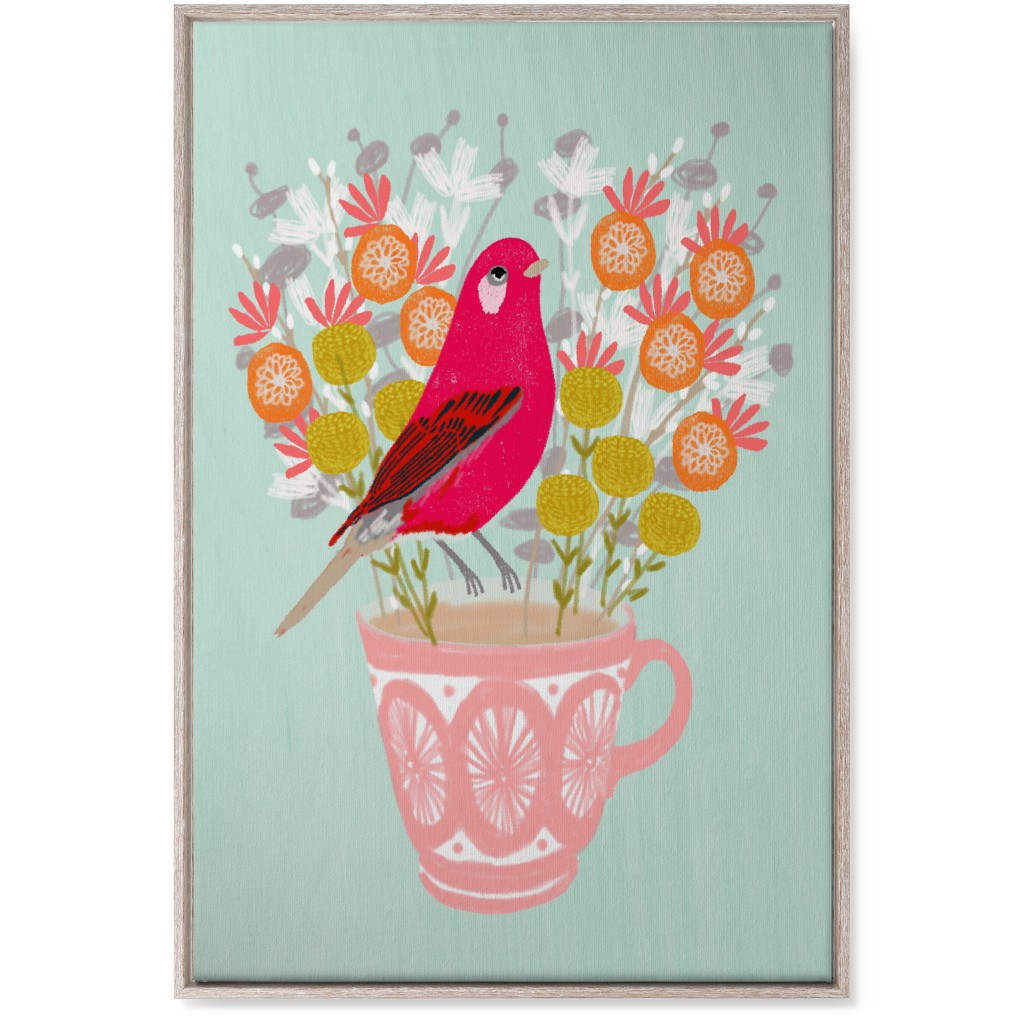 Red Bird on Teacup Bouquet Wall Art, Rustic, Single piece, Canvas, 24x36, Multicolor