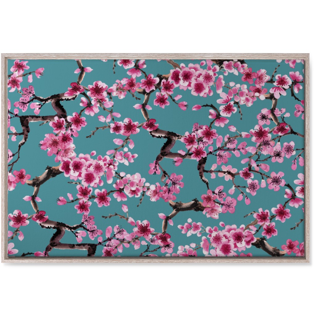 Sakura - Pink on Turquoise Wall Art, Rustic, Single piece, Canvas, 24x36, Blue