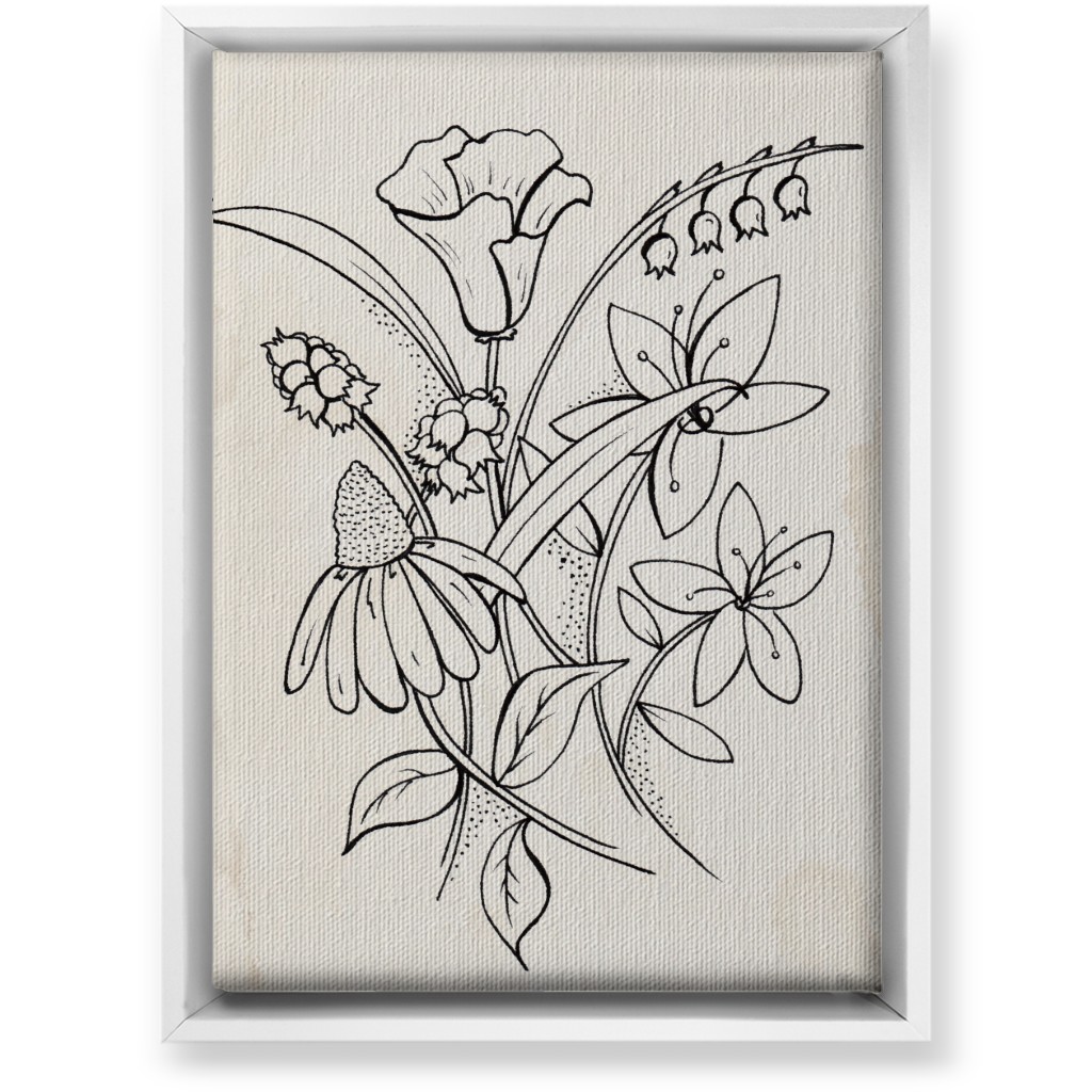 Vintage Wildflower Sketch - Beige and Black Wall Art, White, Single piece, Canvas, 10x14, Beige, Pearl