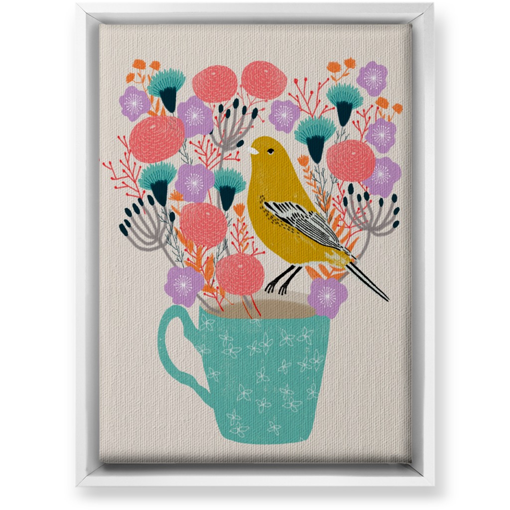 Yellow Bird on Teacup Bouquet Wall Art, White, Single piece, Canvas, 10x14, Multicolor