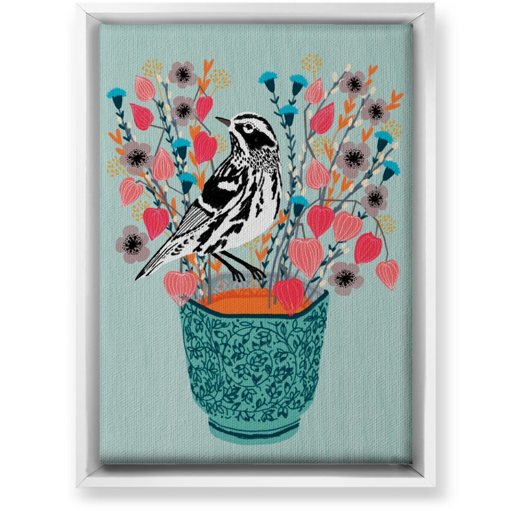 Warbler Bird - Black & White on Blue Flower Pot Wall Art, White, Single piece, Canvas, 10x14, Multicolor