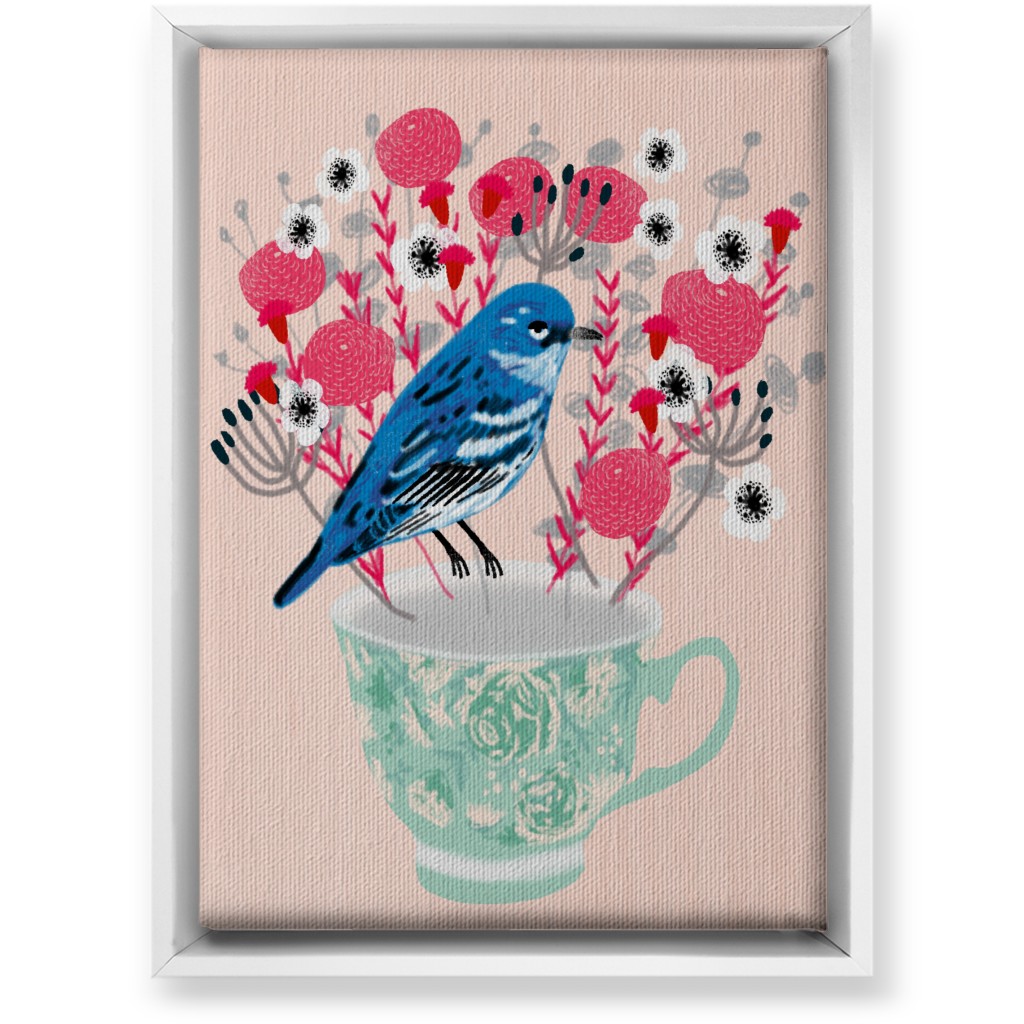 Blue Bird on Teacup Bouquet Wall Art, White, Single piece, Canvas, 10x14, Multicolor