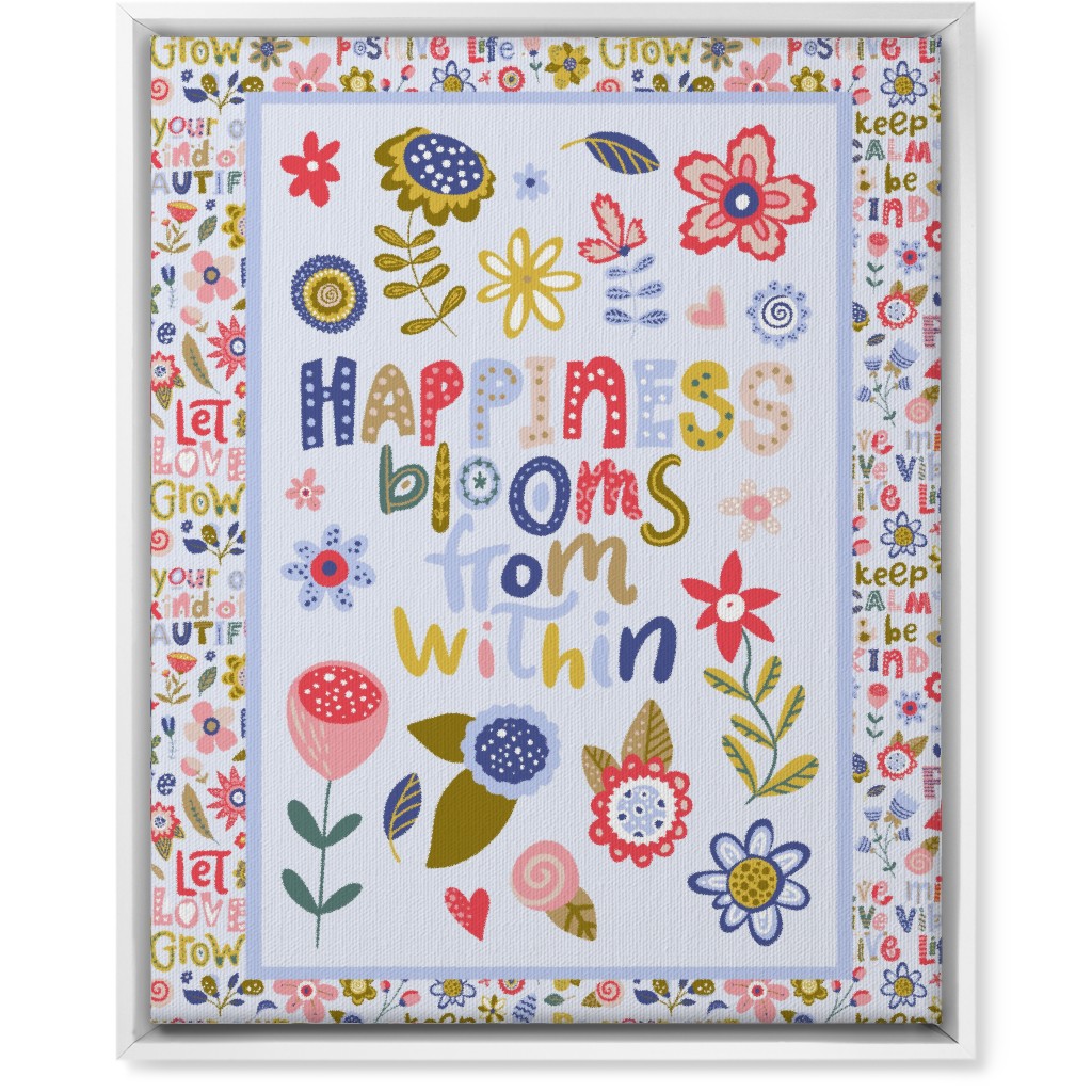 Happiness Blooms From Within - Inspirational Floral Wall Art, White, Single piece, Canvas, 16x20, Multicolor
