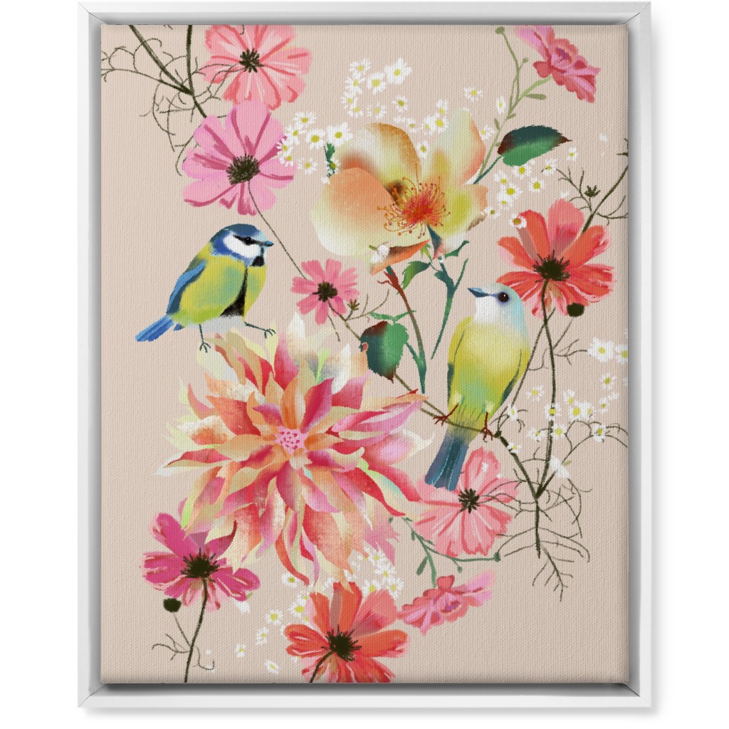 Birds With Dahlias and Cosmea Wall Art, White, Single piece, Canvas, 16x20, Pink