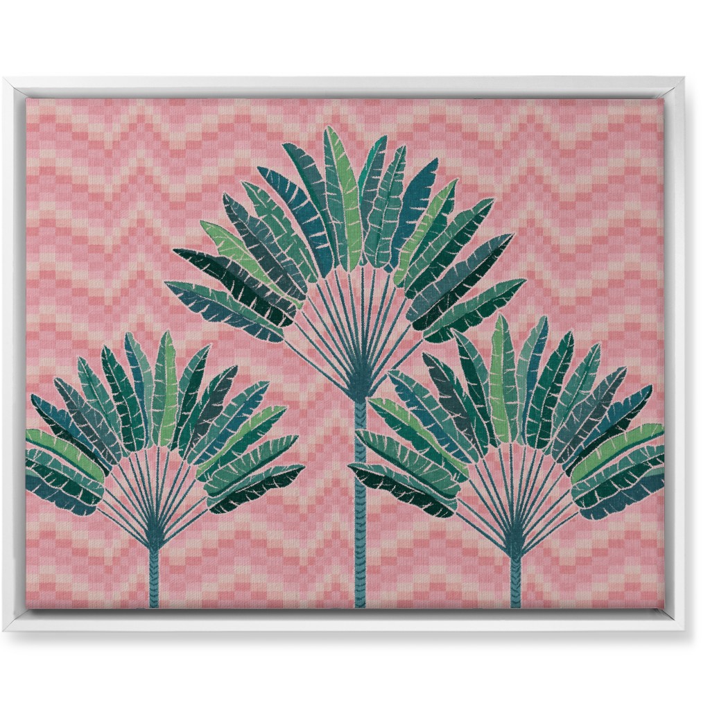 Palms on Wave Grid - Pink Wall Art, White, Single piece, Canvas, 16x20, Pink