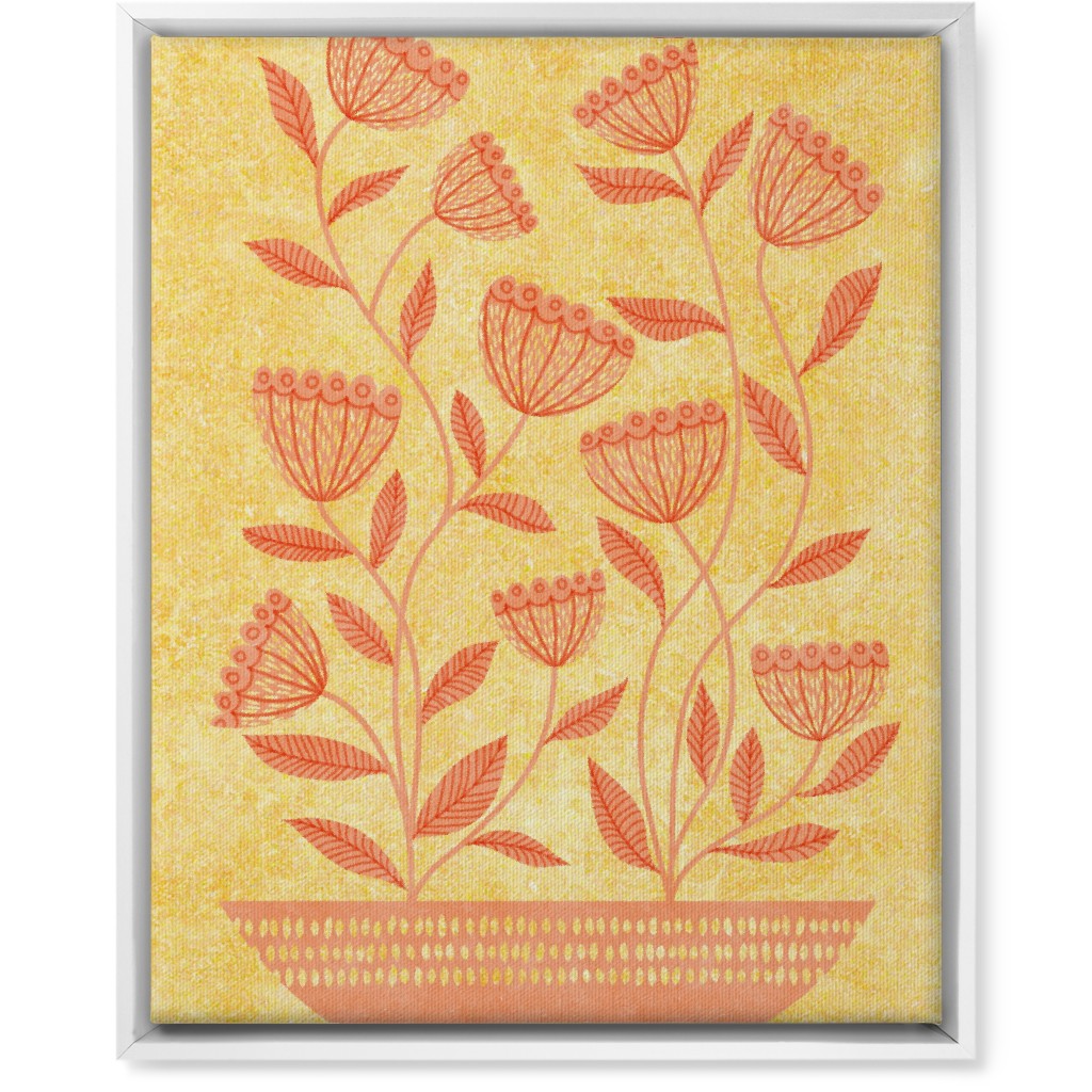Mid Century Modern Orange Floral on Yellow Wall Art, White, Single piece, Canvas, 16x20, Orange, Orange