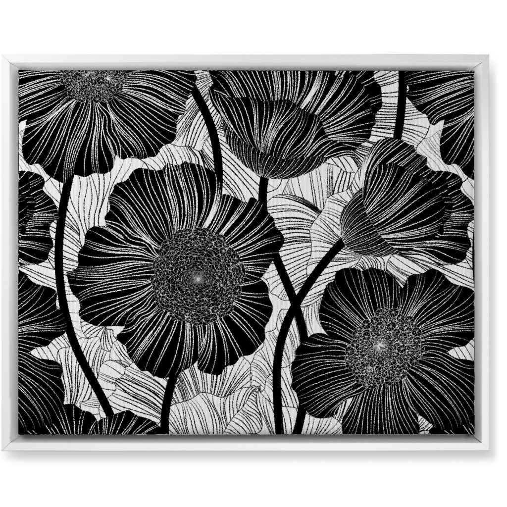 Mid Century Modern Floral - Black and White Wall Art, White, Single piece, Canvas, 16x20, Black, Black