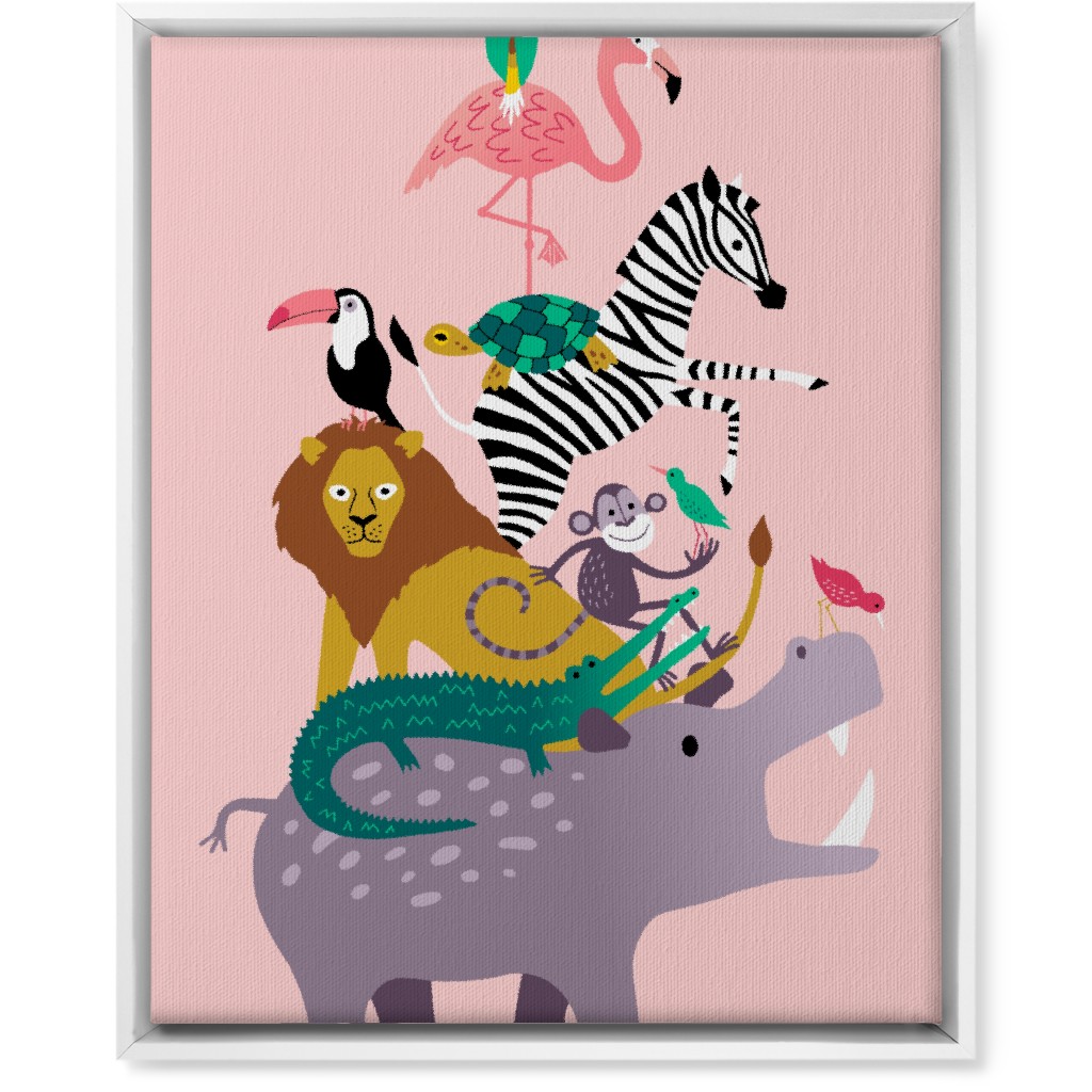 Wild Animal Tower - Pink Wall Art, White, Single piece, Canvas, 16x20, Multicolor