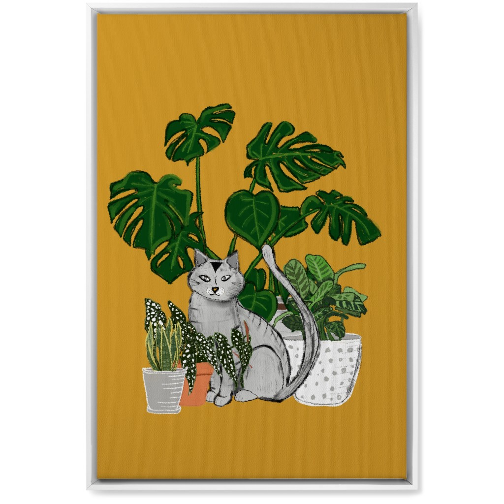 Indoor Garden Cat Wall Art, White, Single piece, Canvas, 20x30, Orange, Golden