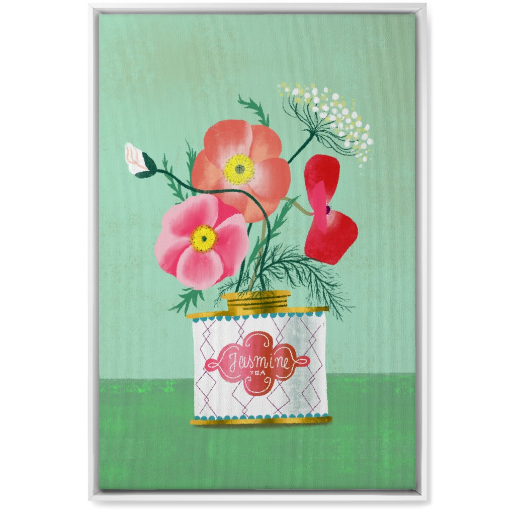 Poppies in Jasmine Tea Tin Wall Art, White, Single piece, Canvas, 20x30, Green