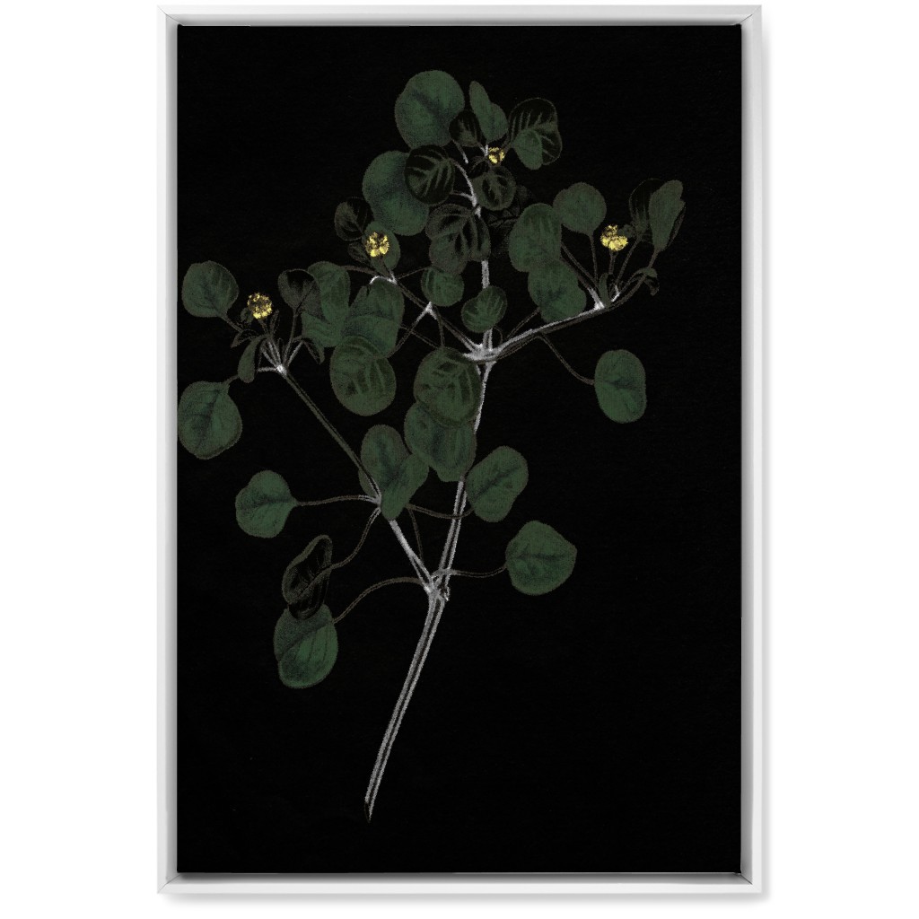 Midnight Botanical Sprig With Leaves - Black and Green Wall Art, White, Single piece, Canvas, 20x30, Black