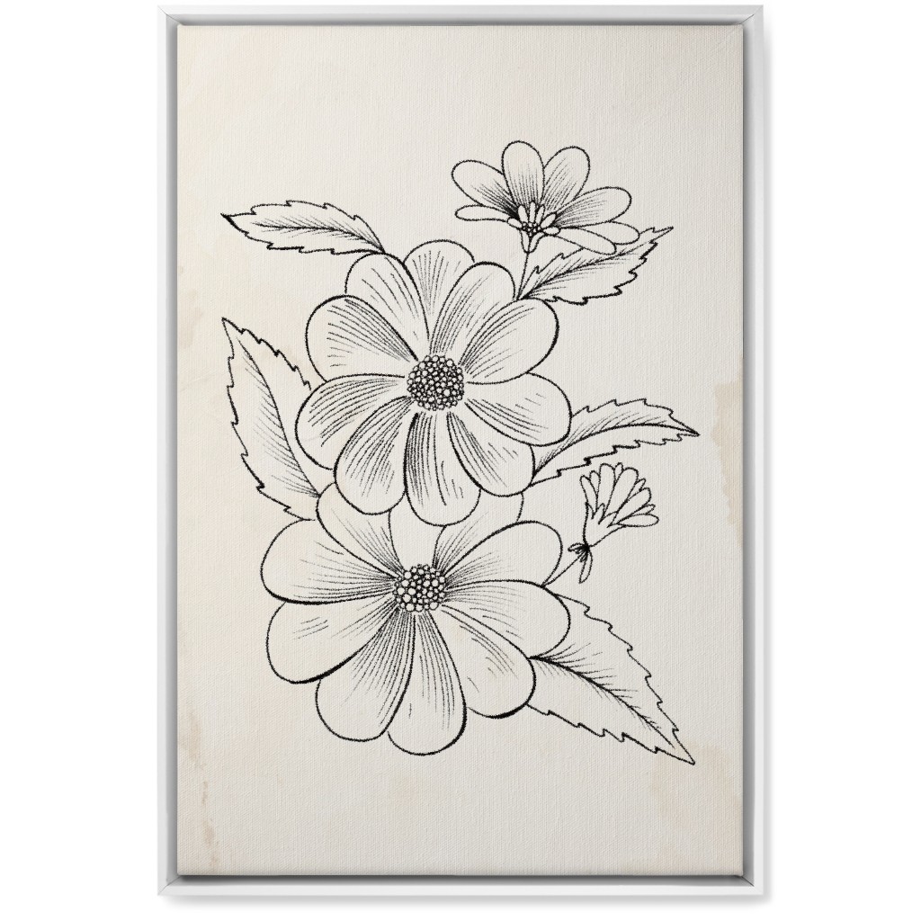Vintage Flower Sketch - Beige and Black Wall Art, White, Single piece, Canvas, 20x30, Beige, Pearl
