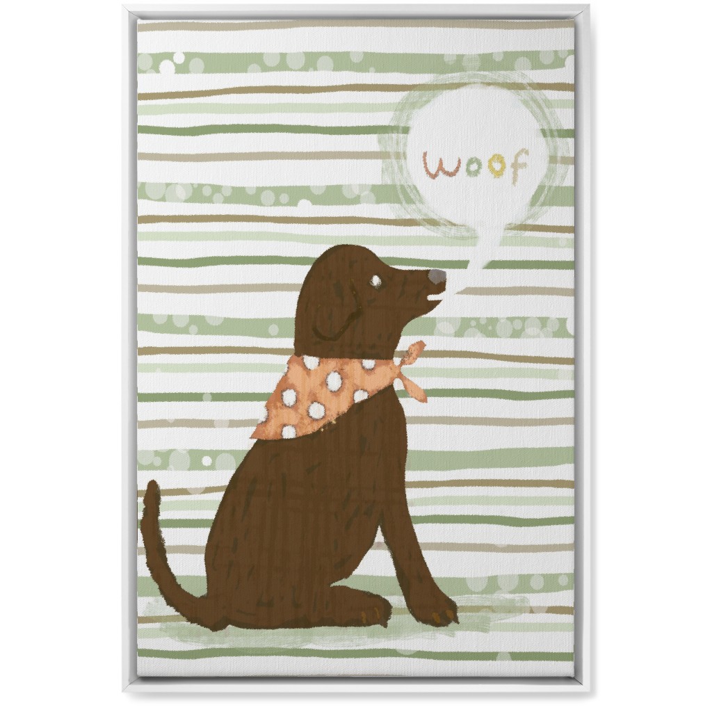 Woof, Dog - Brown and Green Wall Art, White, Single piece, Canvas, 20x30, Green, Classic Green