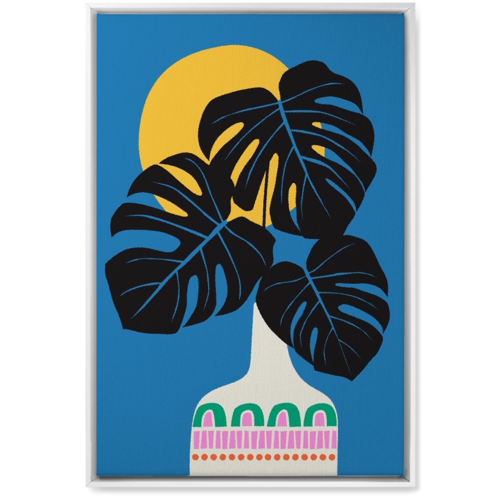 Monstera Leaves in a Vase - Blue Wall Art, White, Single piece, Canvas, 20x30, Blue, True Blue