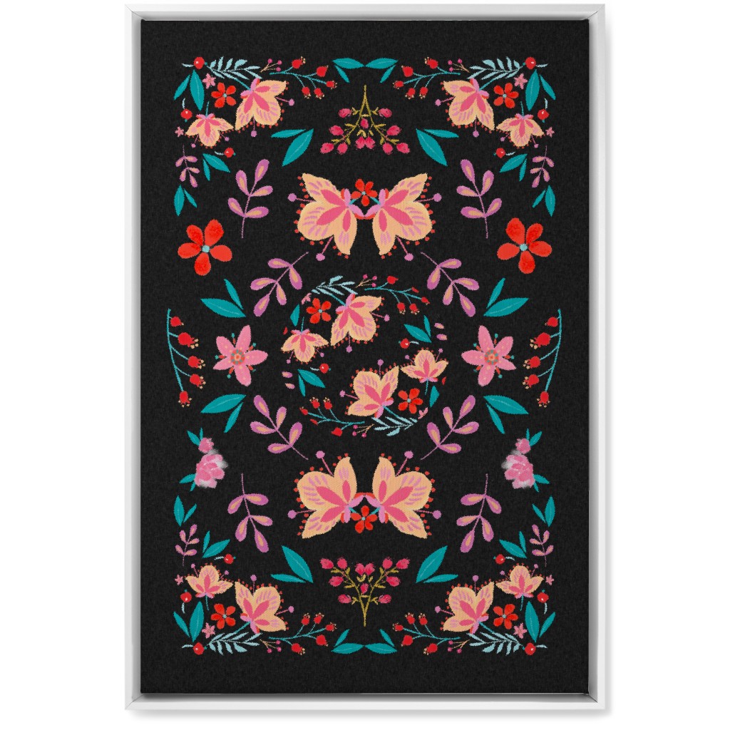 Pink Flora Folk Art on Black Wall Art, White, Single piece, Canvas, 20x30, Multicolor