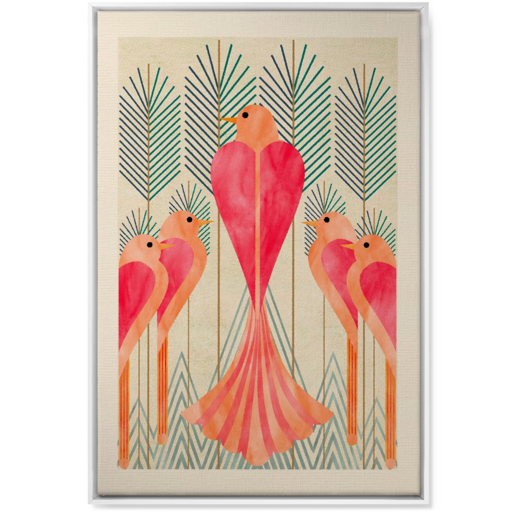 Modern Love Birds in a Pine Forest Wall Art, White, Single piece, Canvas, 24x36, Pink, Bright Pink