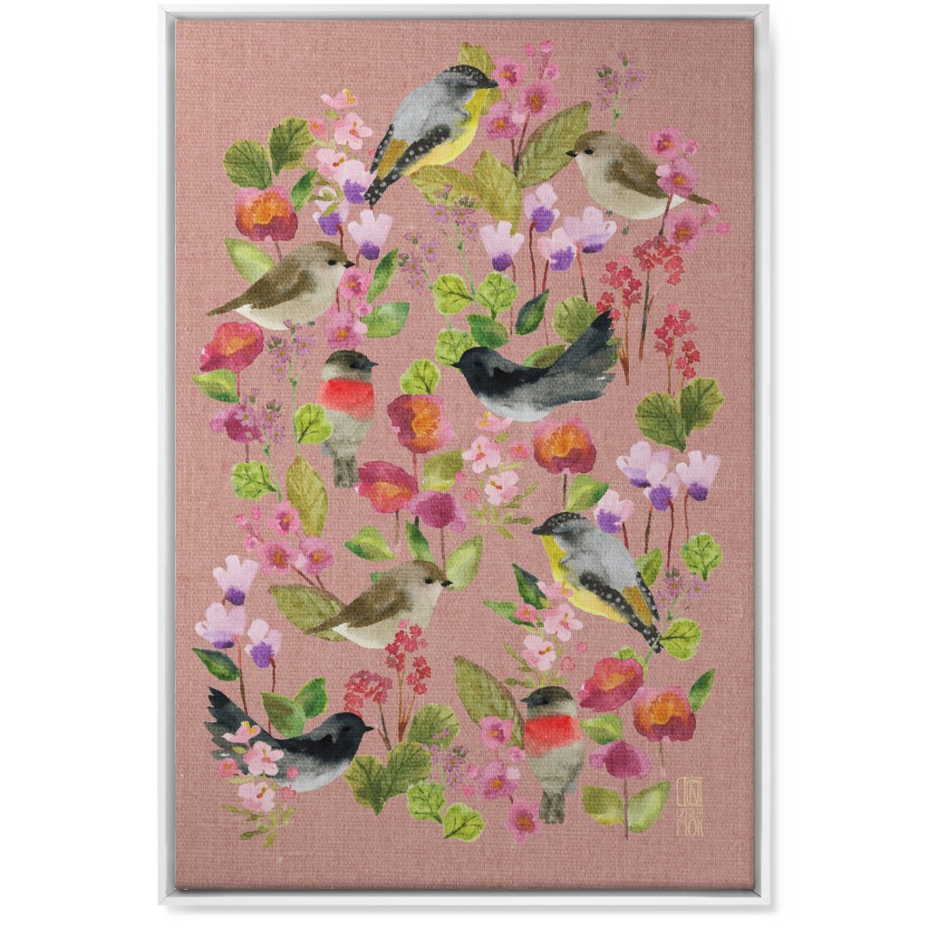 Winter Birds in the Garden Wall Art, White, Single piece, Canvas, 24x36, Pink