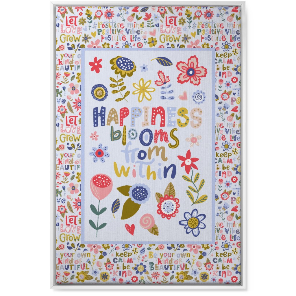 Happiness Blooms From Within - Inspirational Floral Wall Art, White, Single piece, Canvas, 24x36, Multicolor