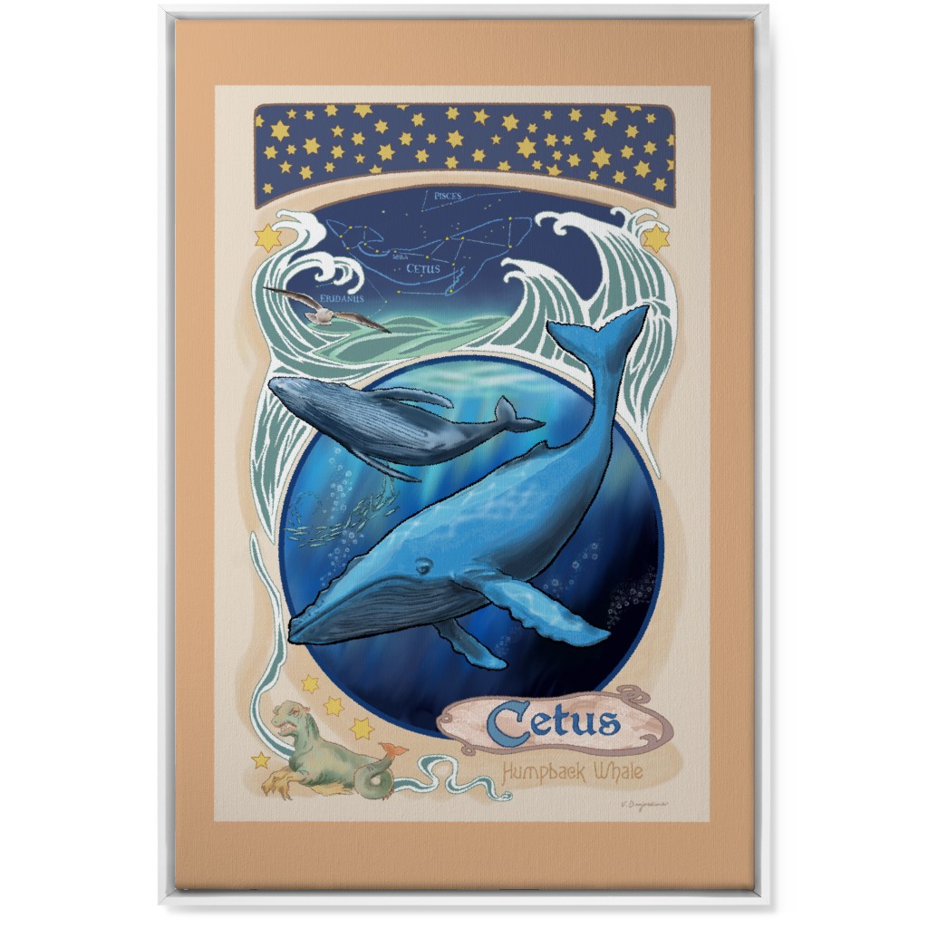 Art Nouveau Humpback Whale Wall Art, White, Single piece, Canvas, 24x36, Blue