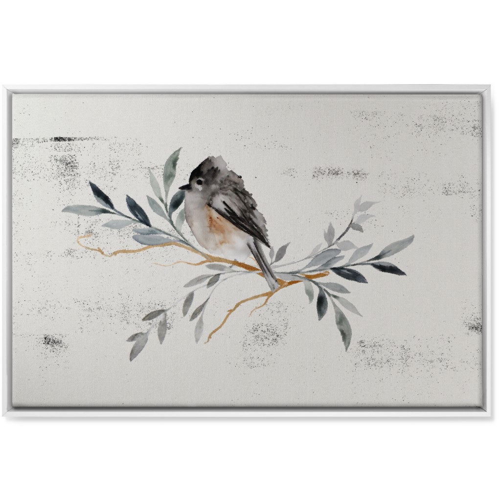 Winter Bird on Branch - Blue Wall Art, White, Single piece, Canvas, 24x36, Gray