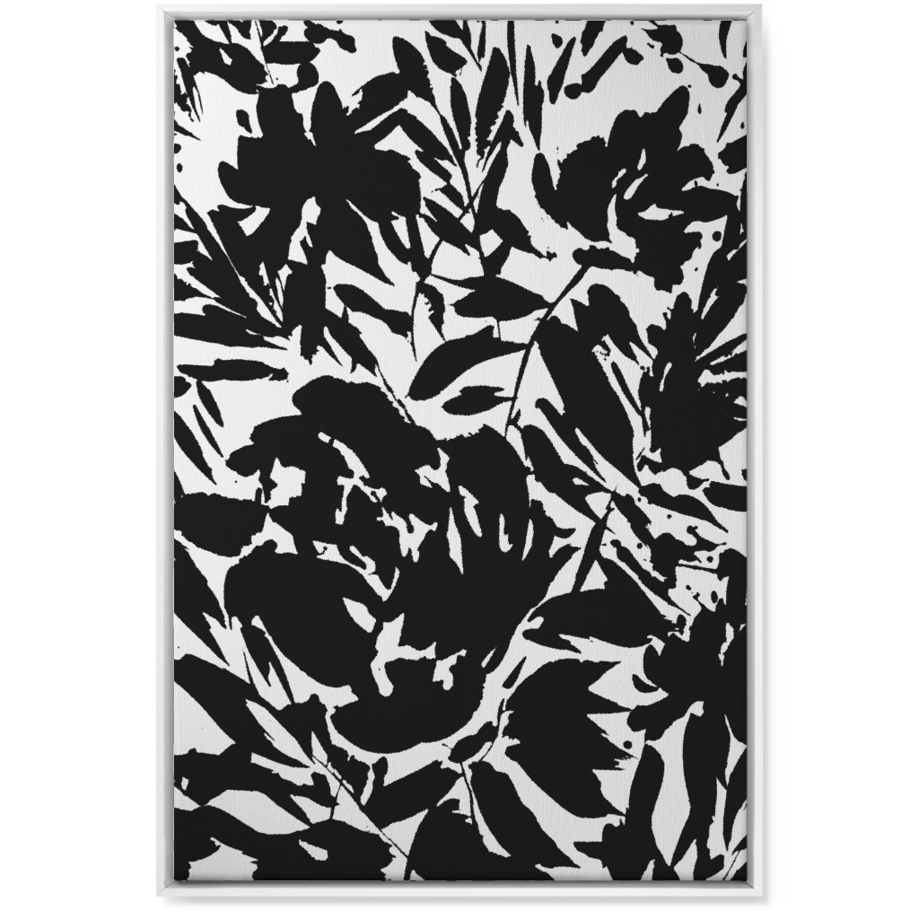 Floral Silhouette - Black and White Wall Art, White, Single piece, Canvas, 24x36, Black, Black