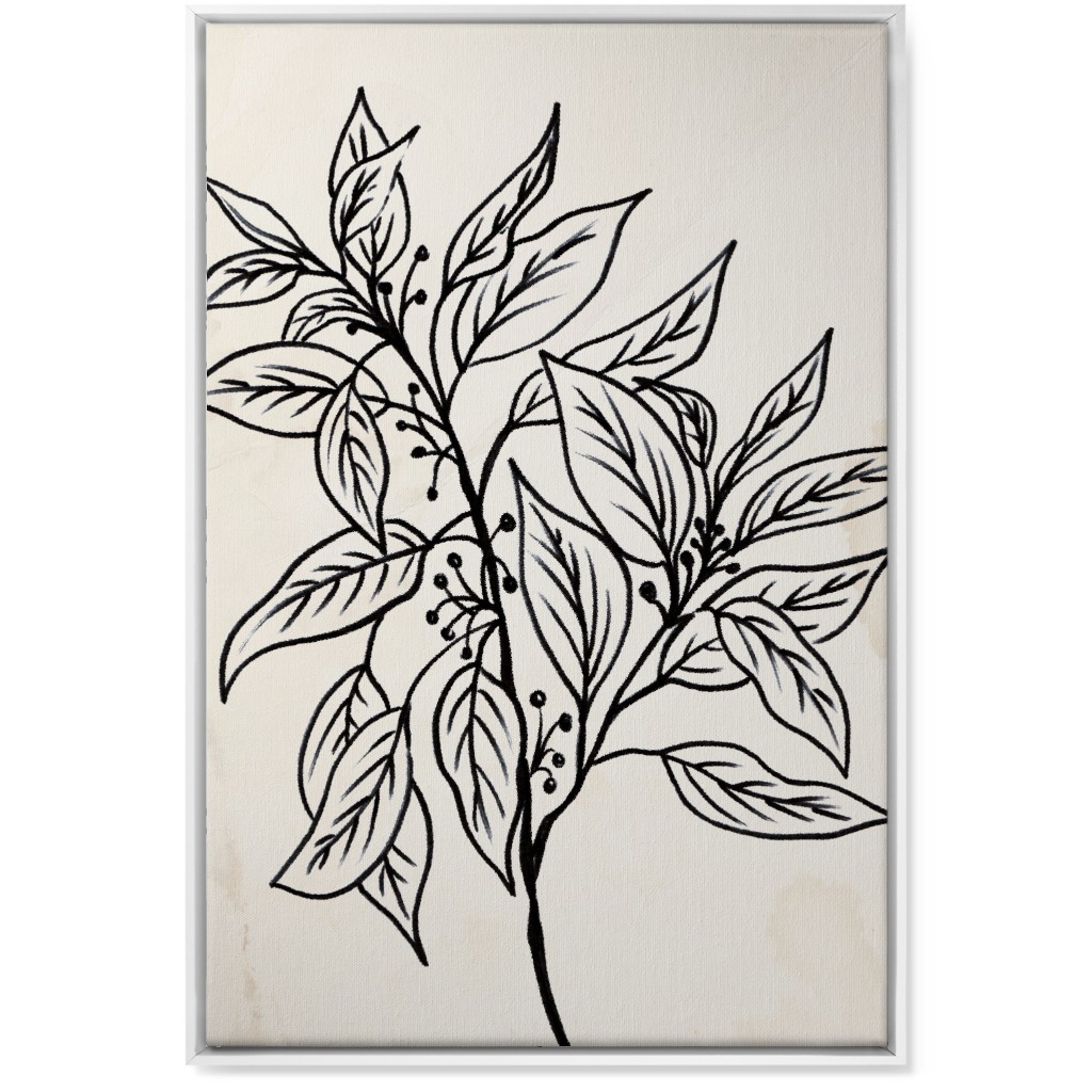 Vintage Branch With Leaves Sketch - Beige and Black Wall Art, White, Single piece, Canvas, 24x36, Beige