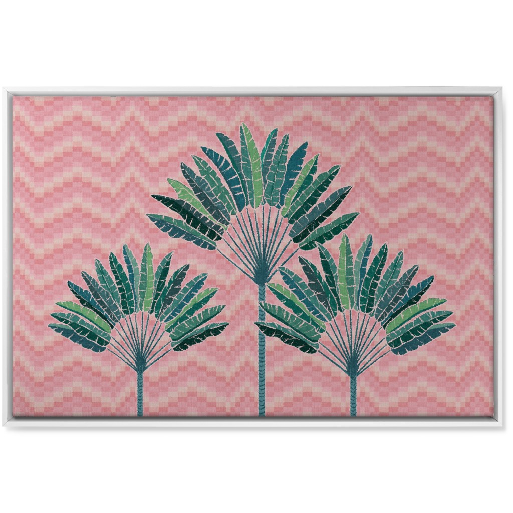 Palms on Wave Grid - Pink Wall Art, White, Single piece, Canvas, 24x36, Pink, Bright Pink