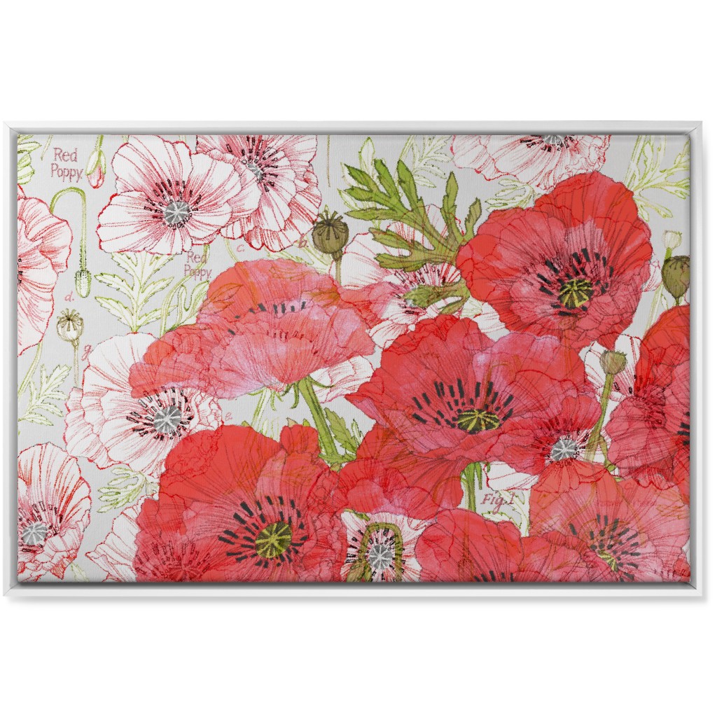 Poppies Romance - Red Wall Art, White, Single piece, Canvas, 24x36, Red, Red