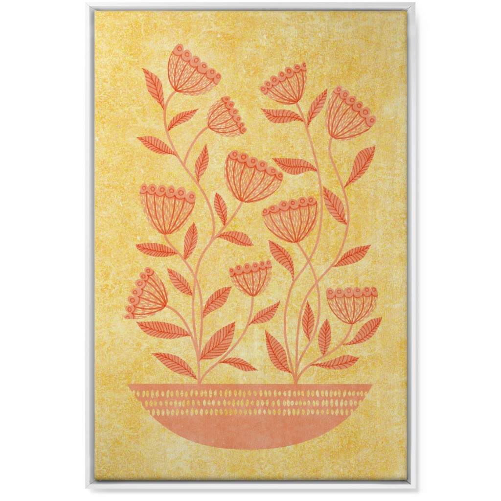 Mid Century Modern Orange Floral on Yellow Wall Art, White, Single piece, Canvas, 24x36, Orange, Orange