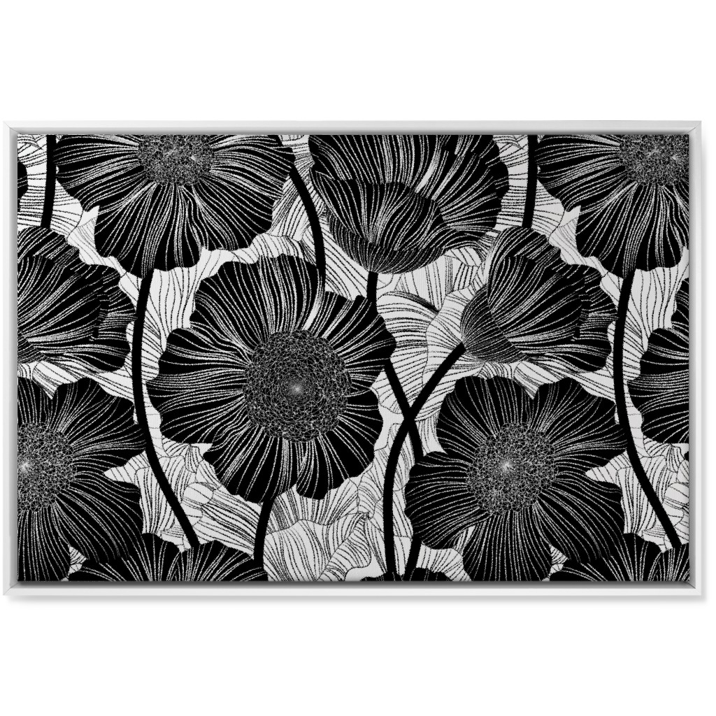 Mid Century Modern Floral - Black and White Wall Art, White, Single piece, Canvas, 24x36, Black