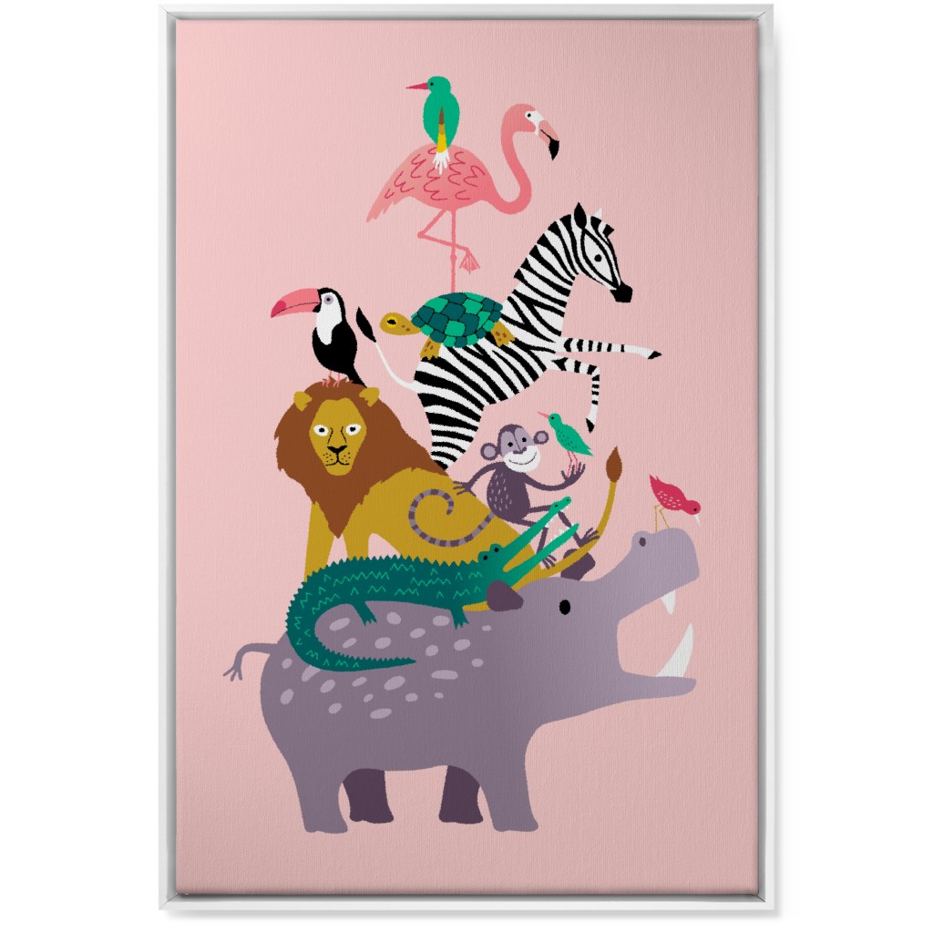 Wild Animal Tower - Pink Wall Art, White, Single piece, Canvas, 24x36, Multicolor