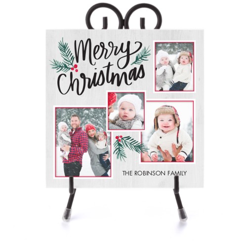 Merry And Bright Christmas Ceramic Tile, glossy, 6x6, Gray