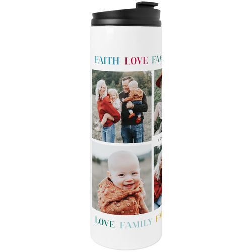 Vibrant Faith Love Family Stainless Steel Travel Mug, White,  , 20oz, Blue