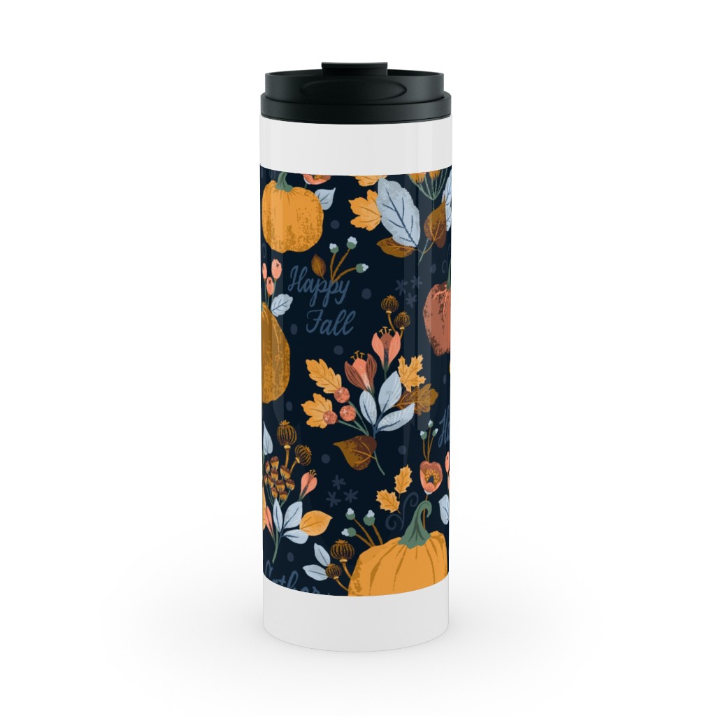 Smaller Scale Elegant Navy Fall Floral - Harvest Gratitude + Cozy Petal Solids Stainless Mug, White,  , 16oz, Orange