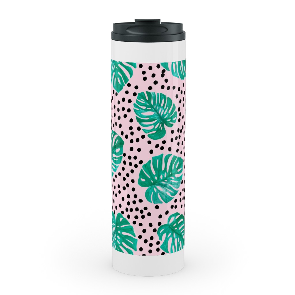 Tropical Monstera - Pink Stainless Mug, White, , 20oz, Pink, Bright Pink