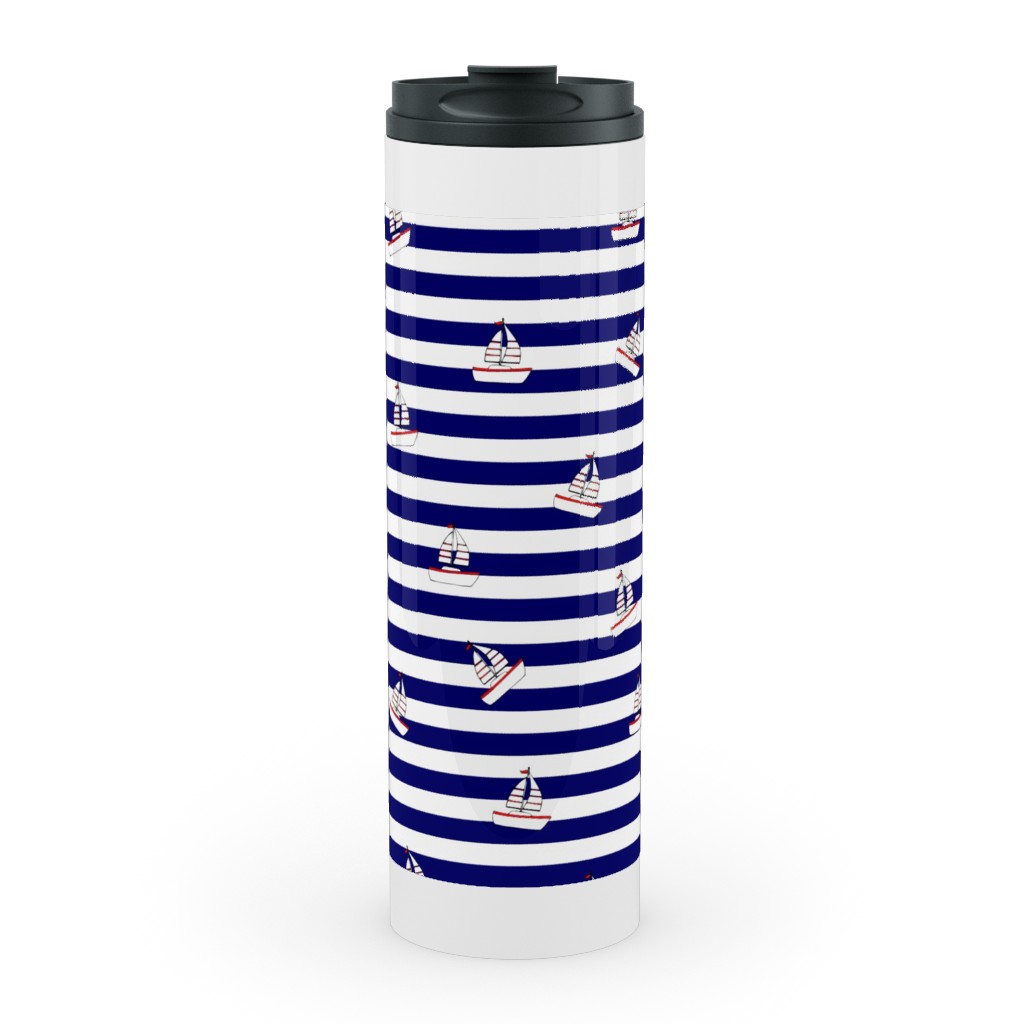 Sea and Boats Stripes - Blue Stainless Mug, White,  , 20oz, Blue