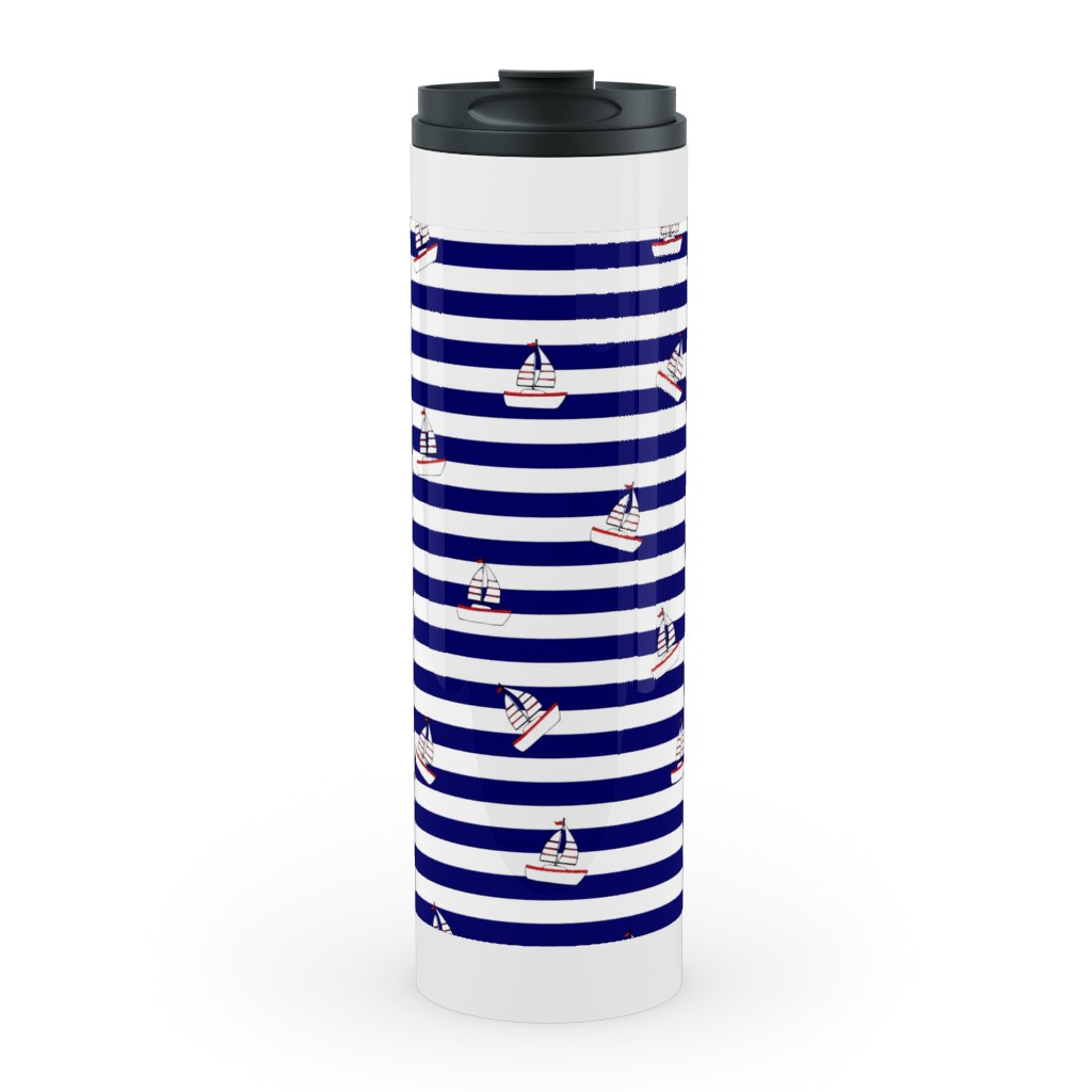 Sea and Boats Stripes - Blue Stainless Mug, White, , 20oz, Blue, True Blue