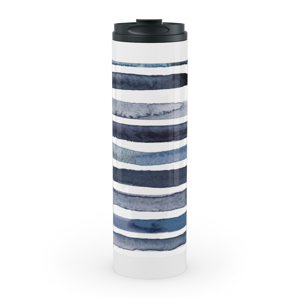 Watercolor Stripes - Blue Stainless Mug, White, , 20oz, Blue, True Blue
