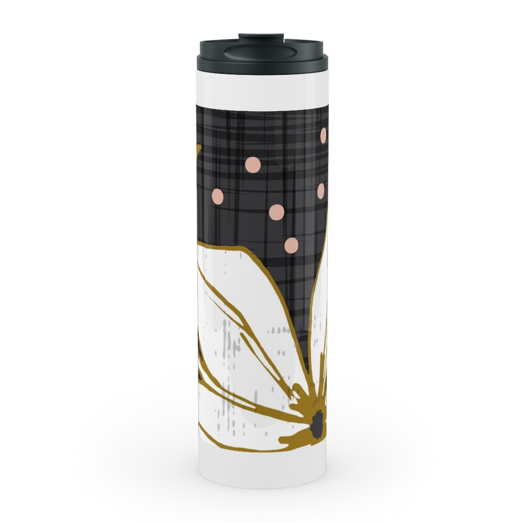 Lilium - Floral - Charcoal Black & White Stainless Mug, White, , 20oz, Black, Black