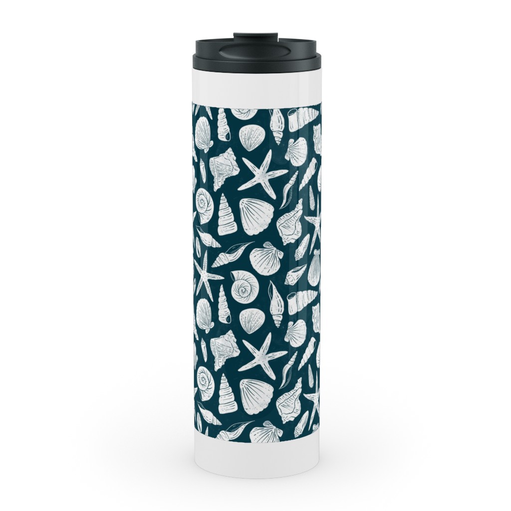 Textured Ocean Seashells - Dark Blue and Cream Stainless Mug, White,  , 20oz, Blue