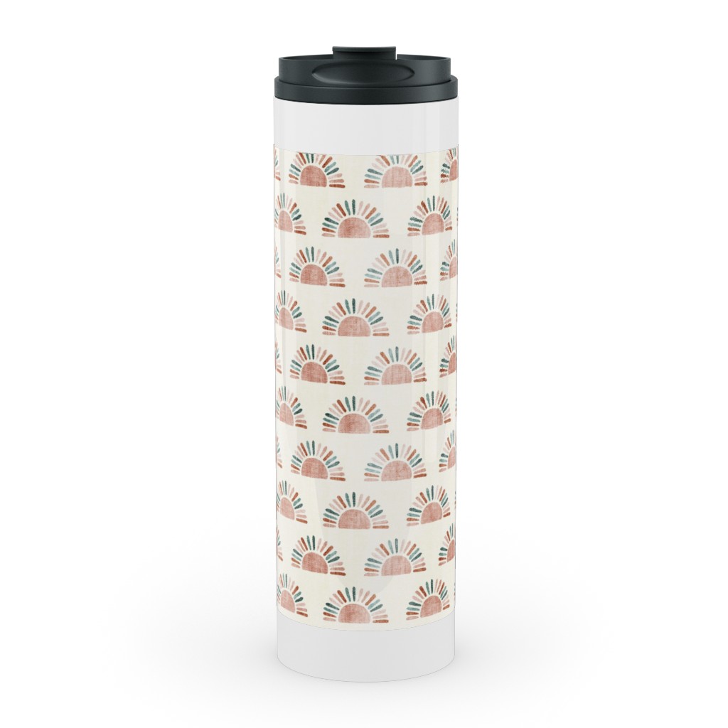 Sunshine - Block Print Boho Sun Print - Dusty Pink/Blue/Teracotta Stainless Mug, White, , 20oz, Pink, Bright Pink